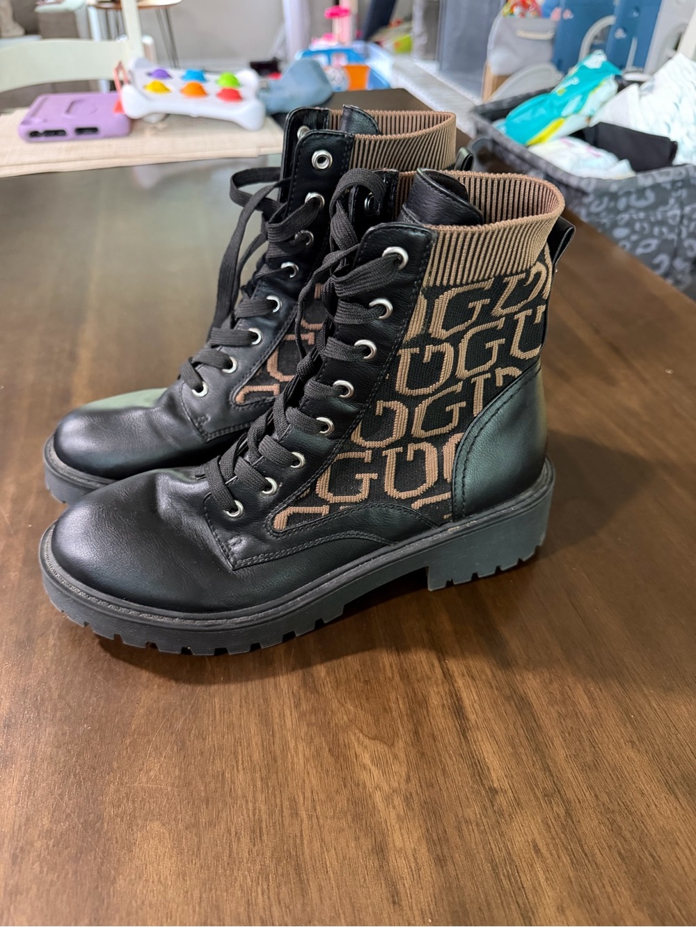 Guess Black Leather & Brown Logo Knit Combat Boots